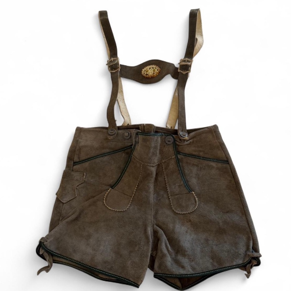 Vintage Meindl lederhosen green grey suede leather shorts with suspenders